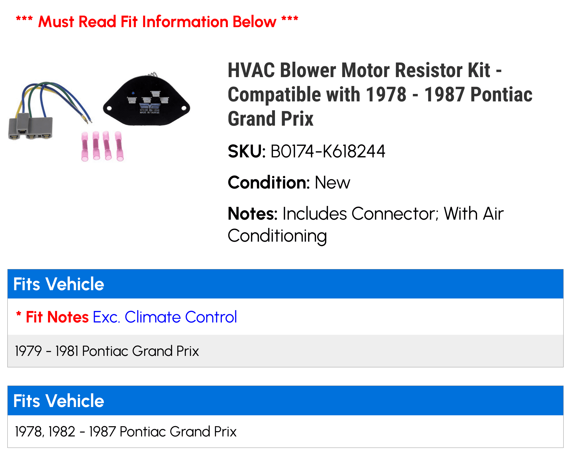 HVAC Blower Motor Resistor Kit - Compatible with 1978 - 1987 Pontiac Grand Prix 1979 1980 1981 1982 1983 1984 1985 1986