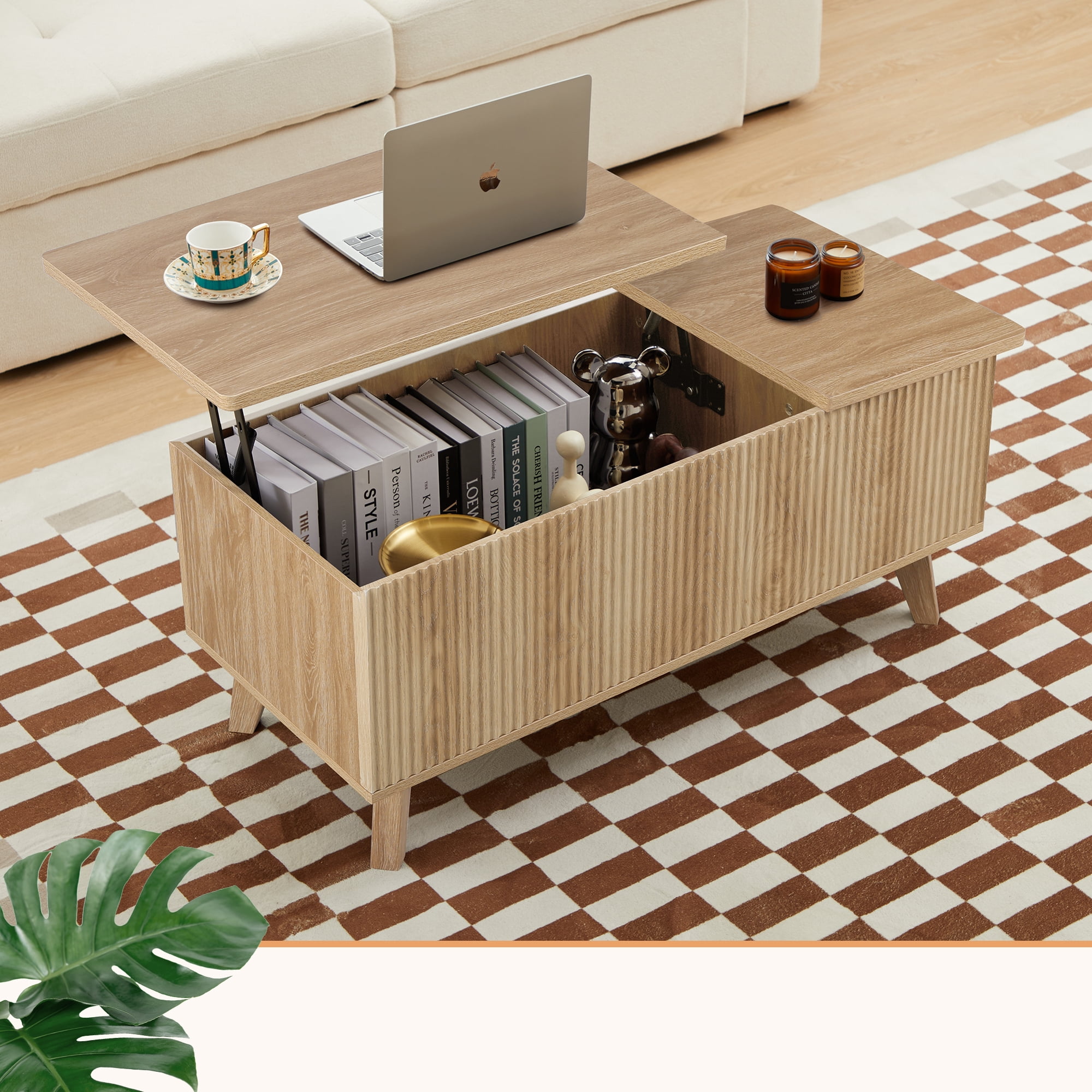 Wirrytor Modern Lift Top Coffee Table with Hidden Storage, Square Center Table with Adjustable Shelf for Living Room, Farmhouse Coffee Table with Large Compartment