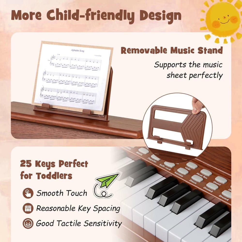 Resenkos 25-Key Kids Piano with Teaching Mode & Speed Control - Brown