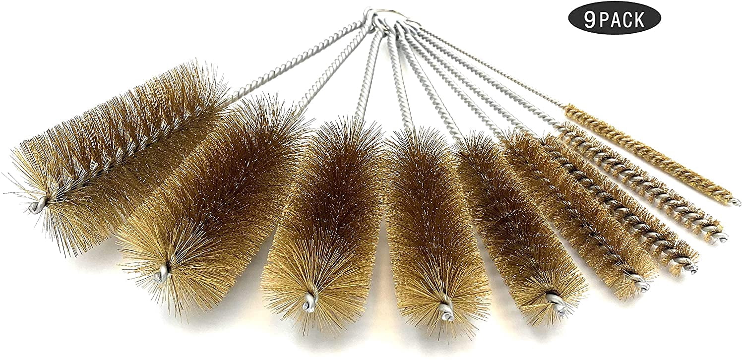 Pipe Cleaning Brush Set with Brass Bristles, 9 Piece Variety Pack for Auto Parts, Bottles,Tubes, Etc.