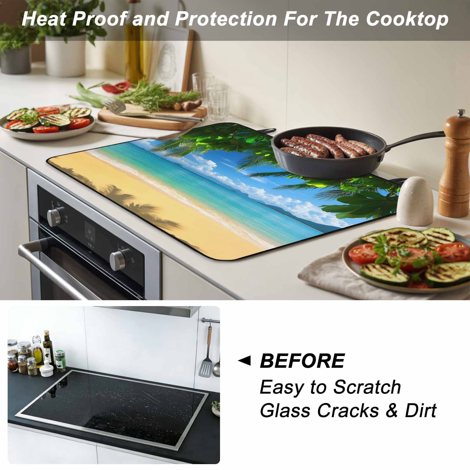 Ocean Beach Stove Top Cover for Electric Stove, Heat-proof & Non Slip Glass Top Stove Cover Protector, Blue Sea Shoreline Coconut Coastal Palm Tree Kitchen Flat Cooktop Rubber Mat 24x21 Inches
