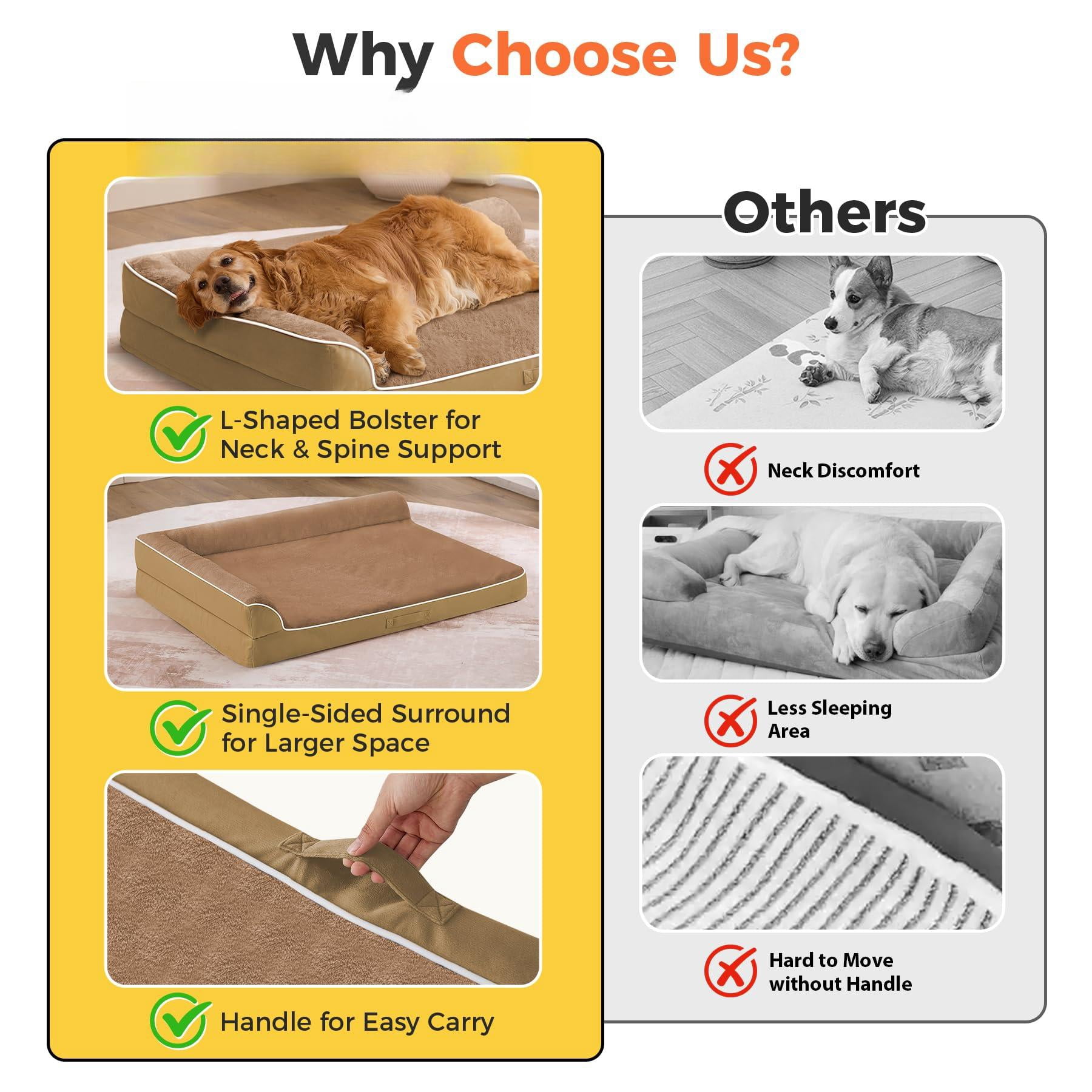 Dog Bed Large Sized Dogs  For Waterproof Pet With Washable Removable Cover L-shaped Couch Portable Handle 36"x27"x6.5" Camel