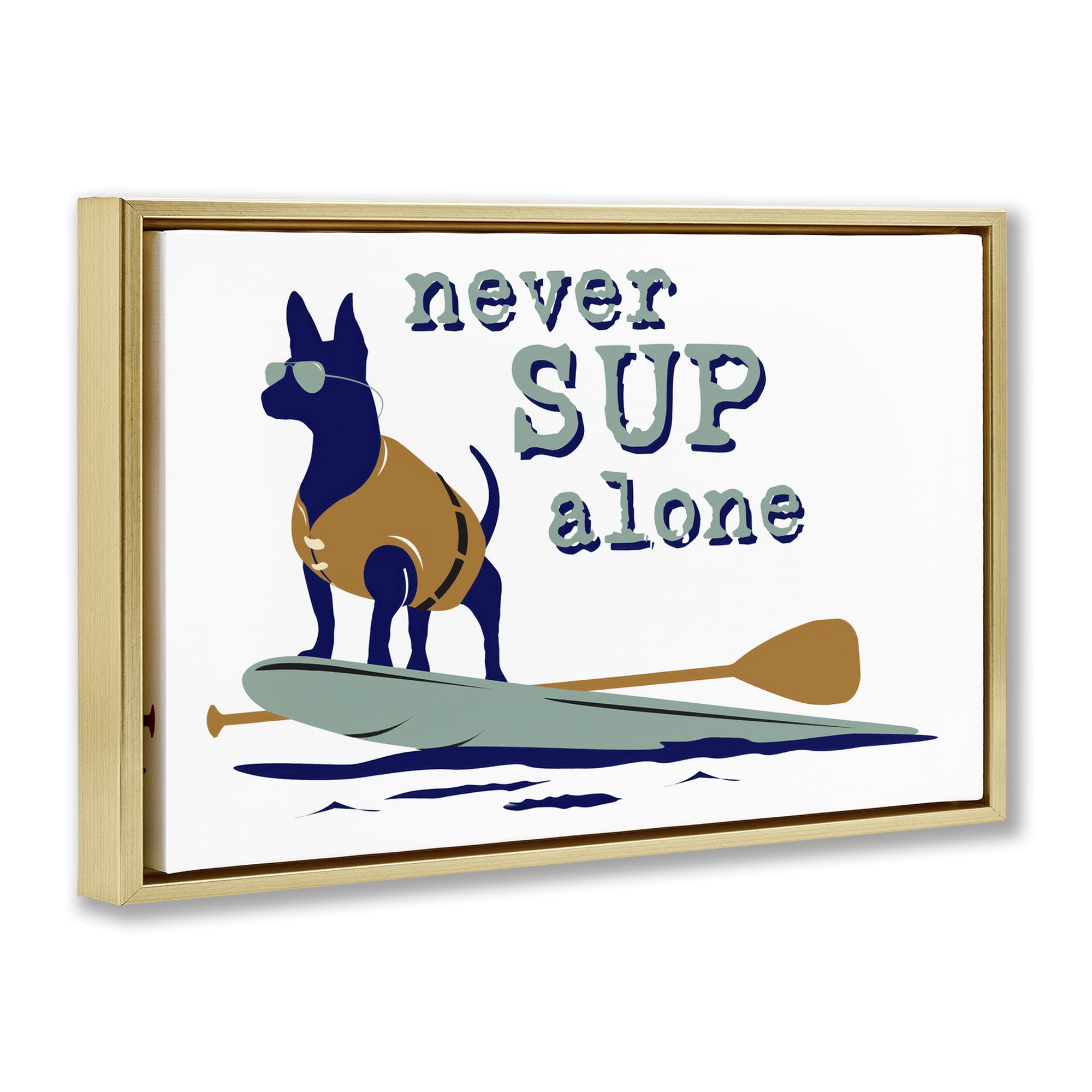 Stupell Industries Never Paddleboard Alone Dog Animals Painting Gold Floater Framed Canvas Art Print Wall Art, 25 x 17