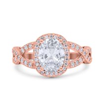 Rose Tone, Simulated Cubic Zirconia Size-8 Infinity Twisted Shank Art Deco Halo Oval Wedding Engagement Ring 925 Sterling Silver
