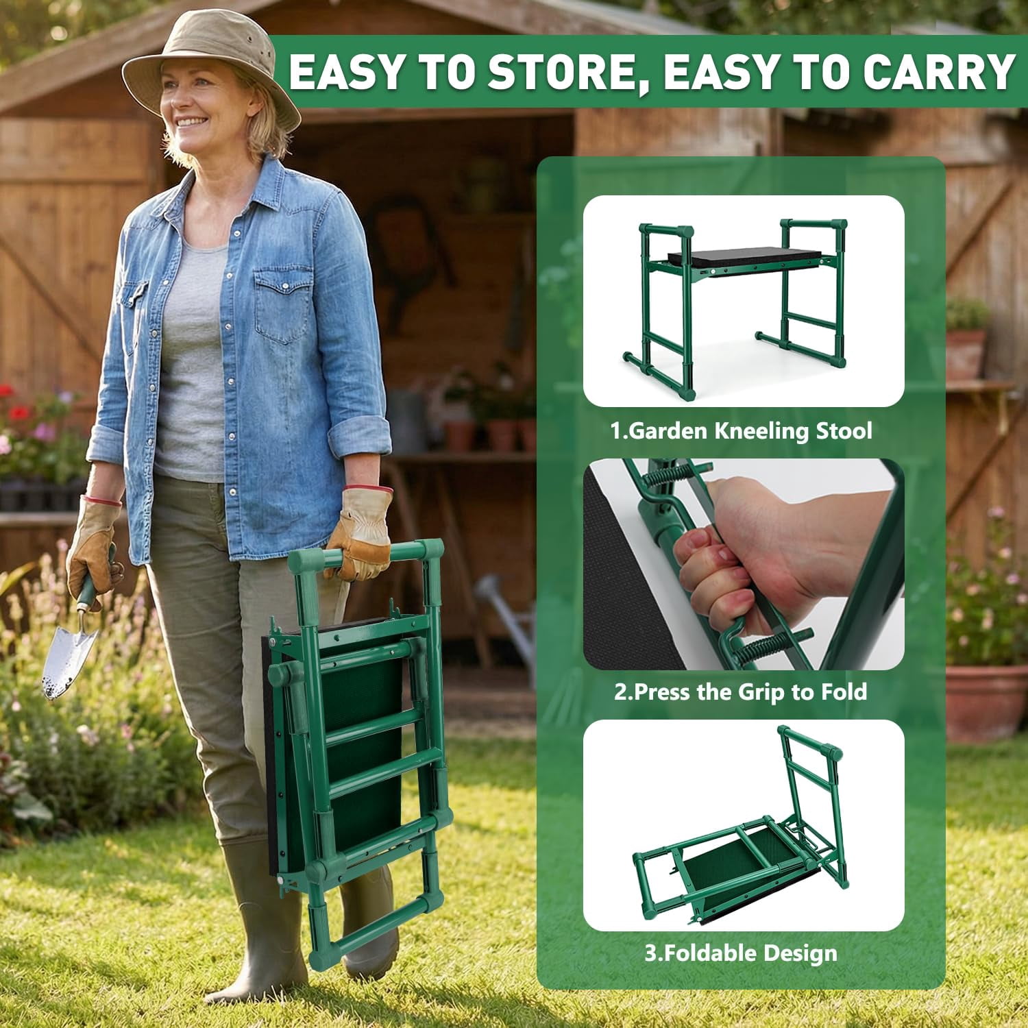 Garden Kneeler and Seat for Seniors – Heavy Duty Anti-Tip Gardening Stool with Widened Thick Soft Kneeling Pad, Foldable Garden Bench with Sturdy Handles, Gardening Gifts for Women Men Mom (Green)