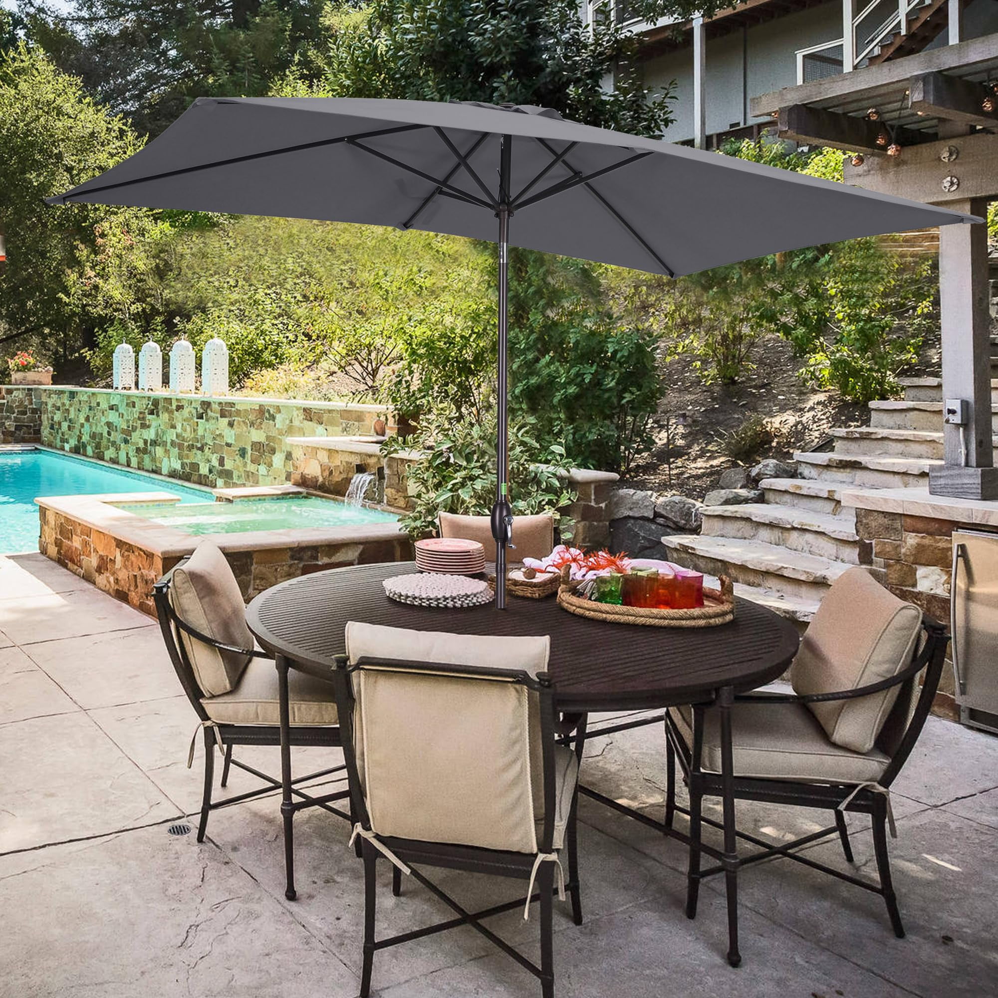 May in Color Patio Umbrella, 6.5' x 10' Rectangular Aluminum Pole Outdoor Patio Umbrella, Yard Umbrella with Crank and Push Button Tilt, 6 Steel Ribs, Polyester Canopy, Grey