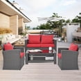 thumbnail image 2 of 4 Piece Outdoor Patio Furniture Sets All Weather Outdoor Sofa PE Garden Furniture Wicker Rattan Patio Conversation Set with Coffee Table, Red Cushion, 2 of 14