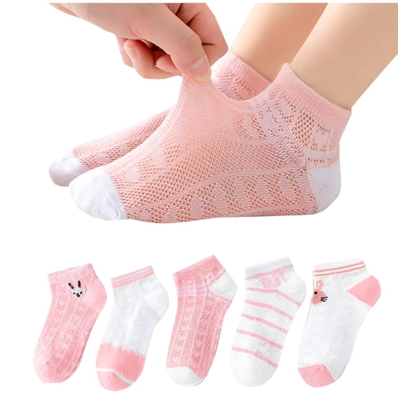 TELOLY Kids Girls Socks, Stretch Cotton 5-Pack Printed Ankle Socks Toddler Socks Pink Size 9-13 T