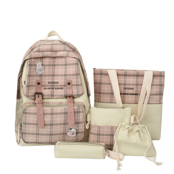 Bolsa 5 unids/set mochila de mujer moda lindo de escuela a cuadros para vacaciones (rosa) Ehuebsd Para Estrenar