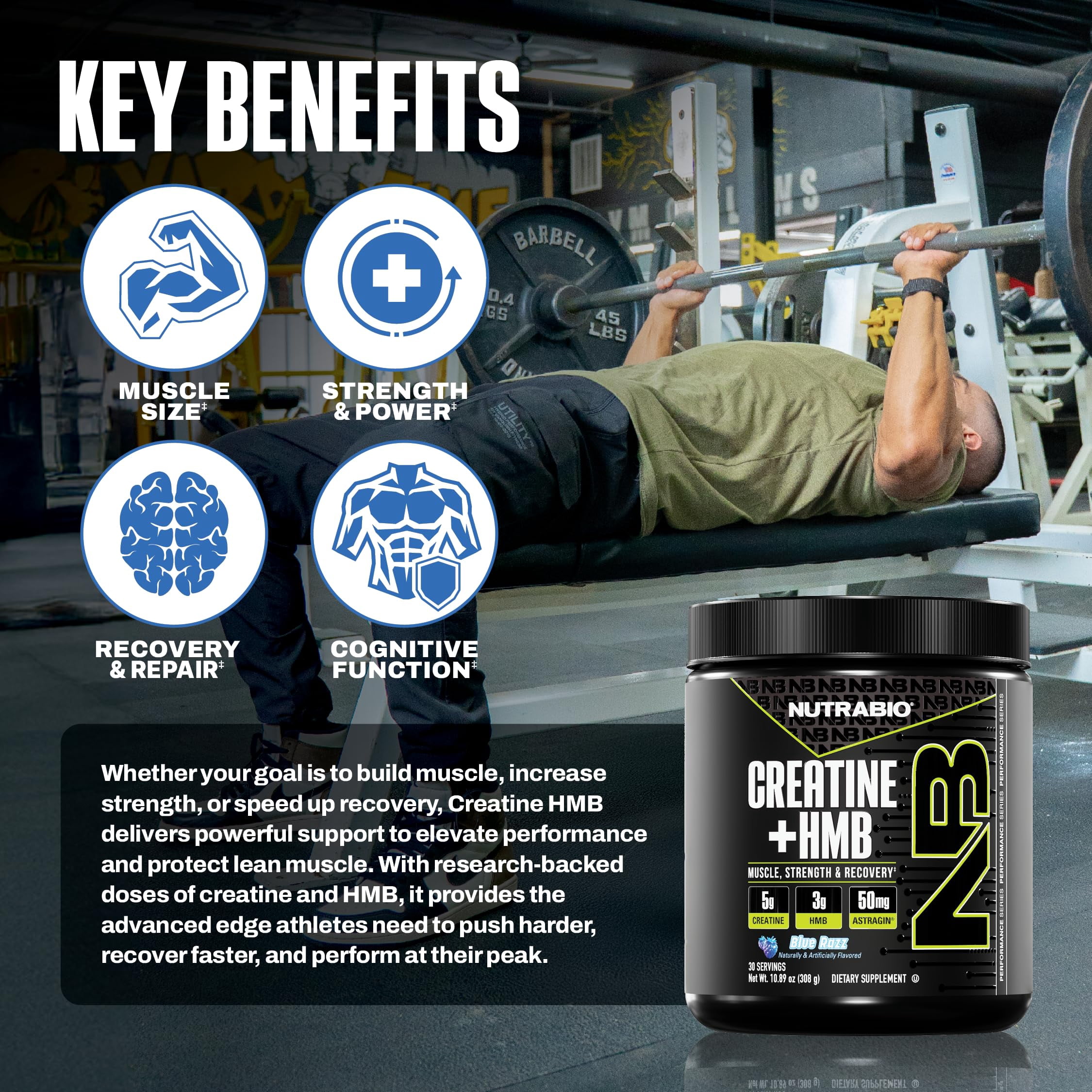 NutraBio Creatine + HMB- Creatine Monohydrate with HMB Powder for Muscle Growth, Increased Strength- 30 Servings (Blue Razz)