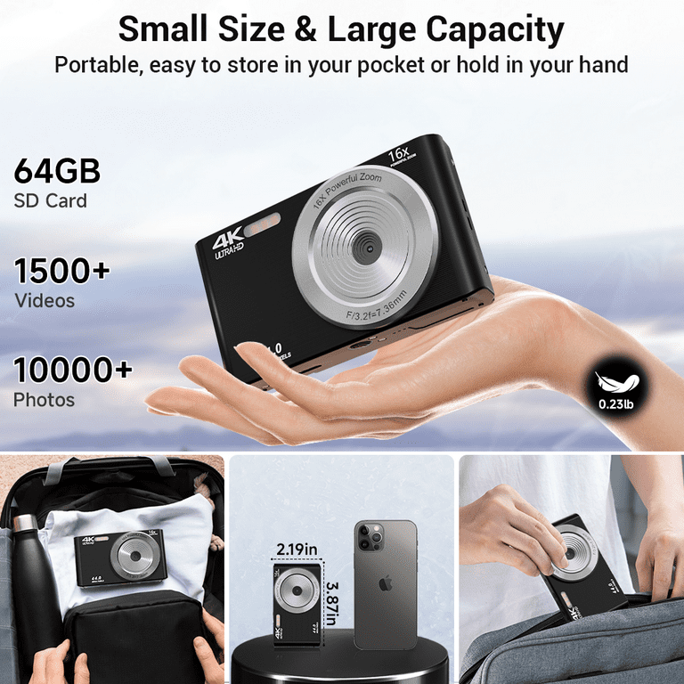 KEEPBERRY 4K Compact Digital Camera,Auto Focus 16x Zoom, 64GB