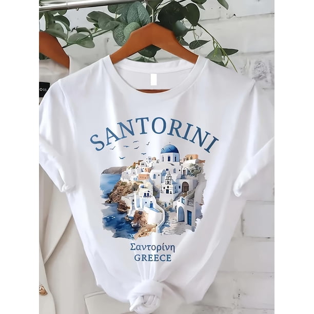 Santorini Print Crew Neck T-shirt, Short Sleeve Casual Top For Summer & Spring, Women's Clothing