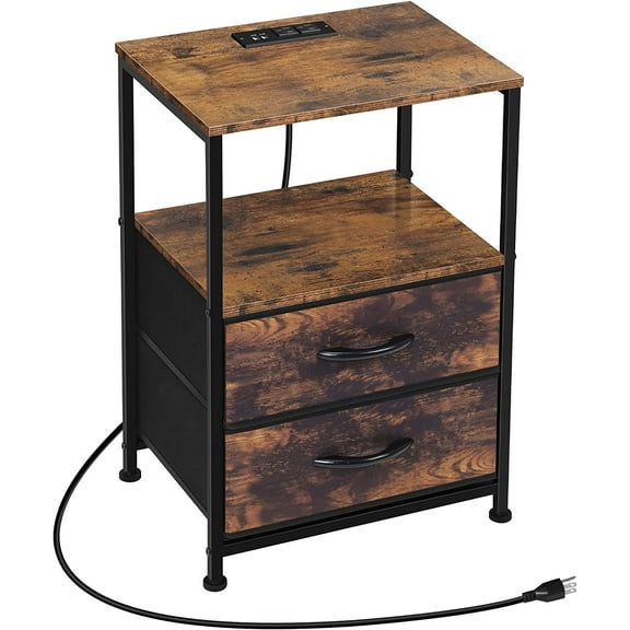 Oumilen Adult Nightstand with Charging Station Narrow End Table with 2 Fabric Drawers, Rustic Brown