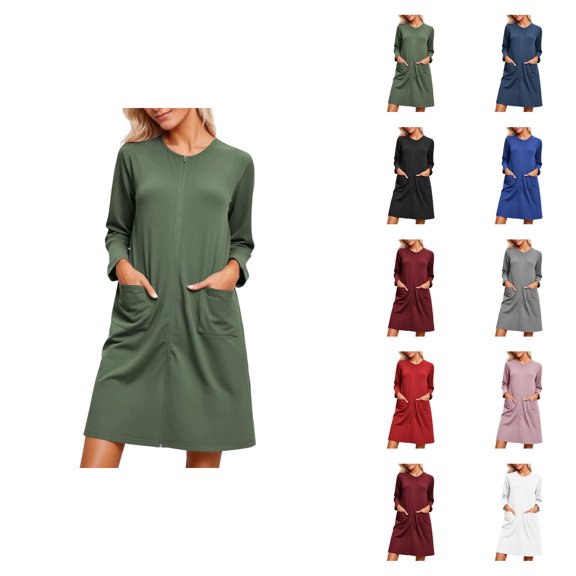 Nightgowns for Women Long Sleeve Crewneck Zip Up Sleep Dress with Pockets Pajama Dress Sleepwear