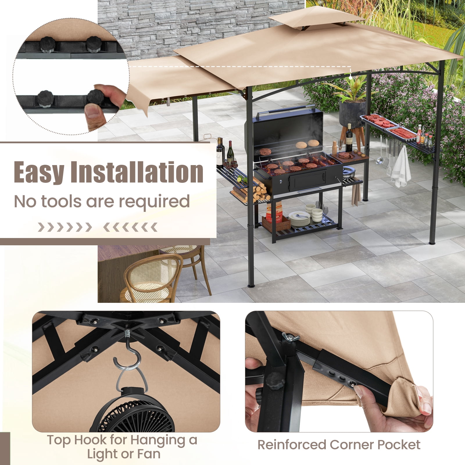 Gymax 11 x 5 FT Grill BBQ Gazebo w/ Side Awning Double-Tiered Top 2 Side Shelves Beige