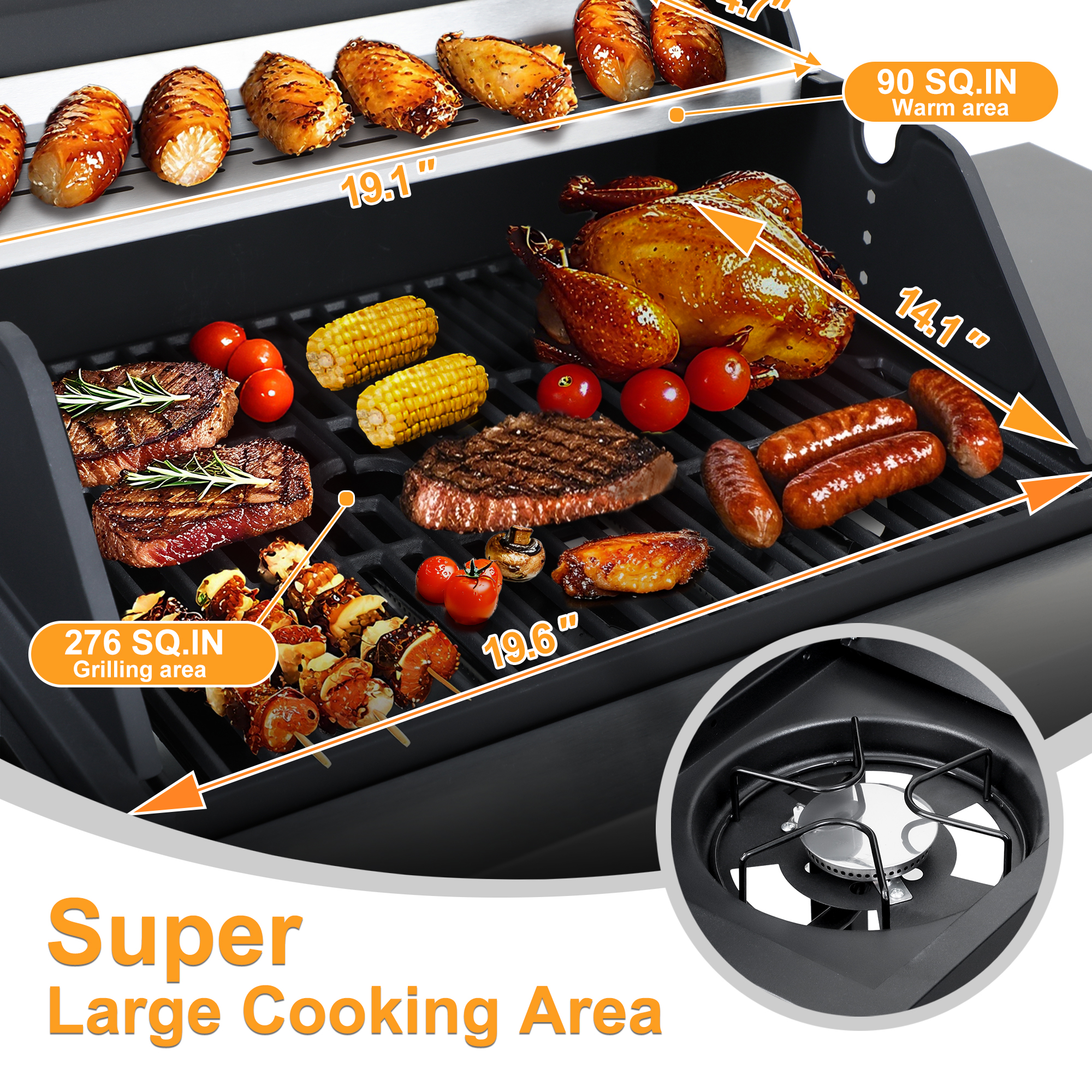 39000 BTU Output Propane Gas Grill with Side Burner and 3 Main Burners - Double-layer Stainless Steel Lid, Cast Iron Grids, Easy-Clean Grease Management & Even Heat Distribution for Perfect BBQs