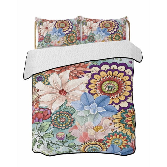 Boho Floral Summer Quilt Set Queen Size,Soft Quilted Bedding Set with 2 Pillow Shams,Bohemia Colorful Mandalas Botanical Flower Lightweight All Season Bedspread Coverlet for Bedroom 90"x96"