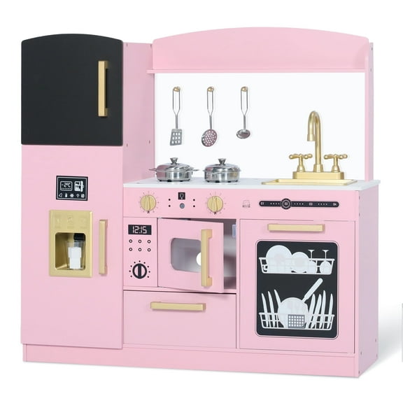 LINLUX Pretend Kids Play Kitchen, Toy Kitchen Playset for Toddler, Wood Kitchen Sets Baby, Pink