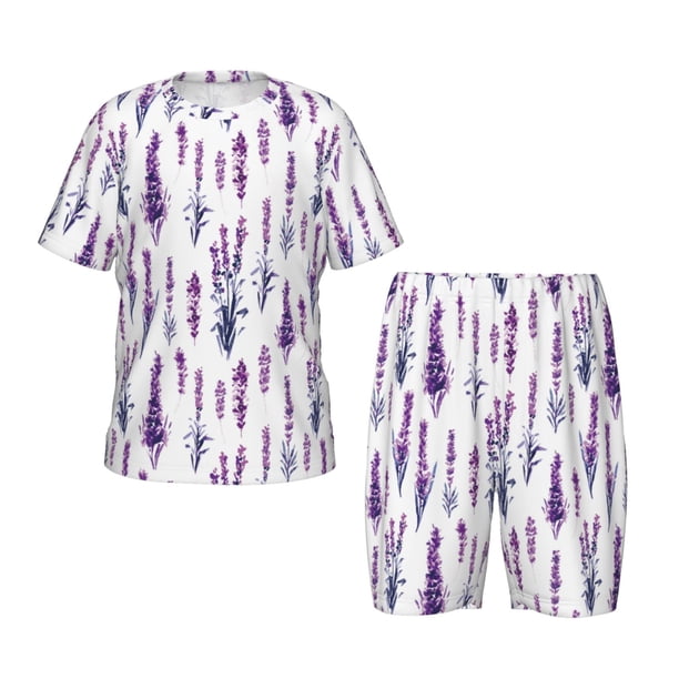 Balery Lavender Flowers Conjunto de Pijama Infantil de Manga Corta con Estampado – Ropa de Dormir de Algodón Suave-Medium