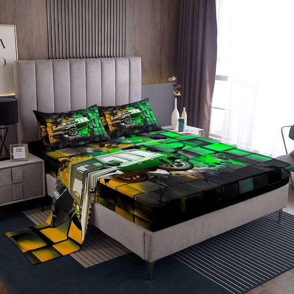 Erosebridal Racing Car Sheet Set Twin,Geometric Buffalo Bedding Sets Twin Size,Golden Green Twin Sheet Sets,Lightweight Car Room Decoration,3pcs