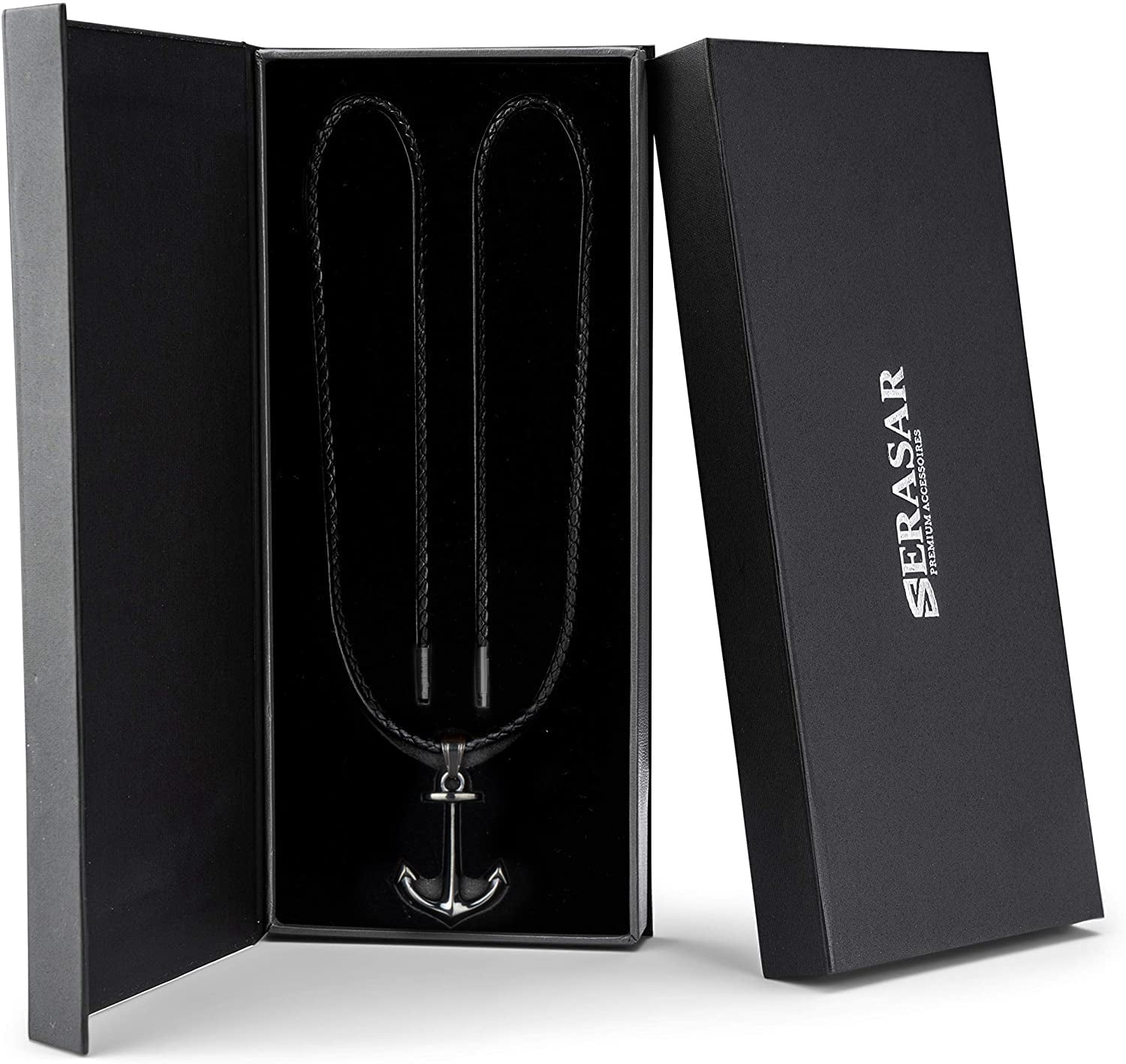 SERASAR Leather Necklace for Men "Anchor" with Stainless steel Pendant and Magnetic Closure, Black 60cm, incliding Gift box
