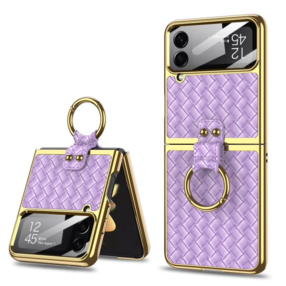 Nalacover for Samsung Galaxy Z Flip5 Electroplated Plain Folding Case with Ring Holder Screen Protective Film, Woven Pattern PU Leather Shockproof Anti-Scratches Slim Cover for Galaxy Z Flip5, Purple