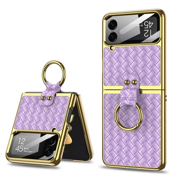 Nalacover for Samsung Galaxy Z Flip5 Electroplated Plain Folding Case with Ring Holder Screen Protective Film, Woven Pattern PU Leather Shockproof Anti-Scratches Slim Cover for Galaxy Z Flip5, Purple