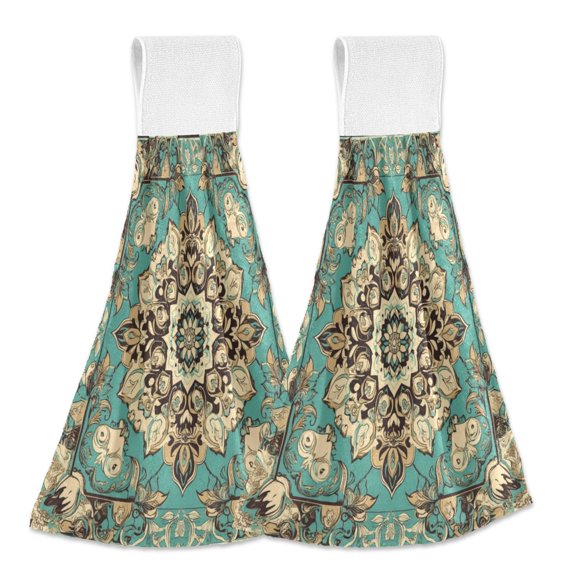 Wobogo Bohemia Pattern Hand Towel Set of 2 Absorbent for Kitchen and Bathroom With Velcro Hanging Loop 18.2Ă—14in