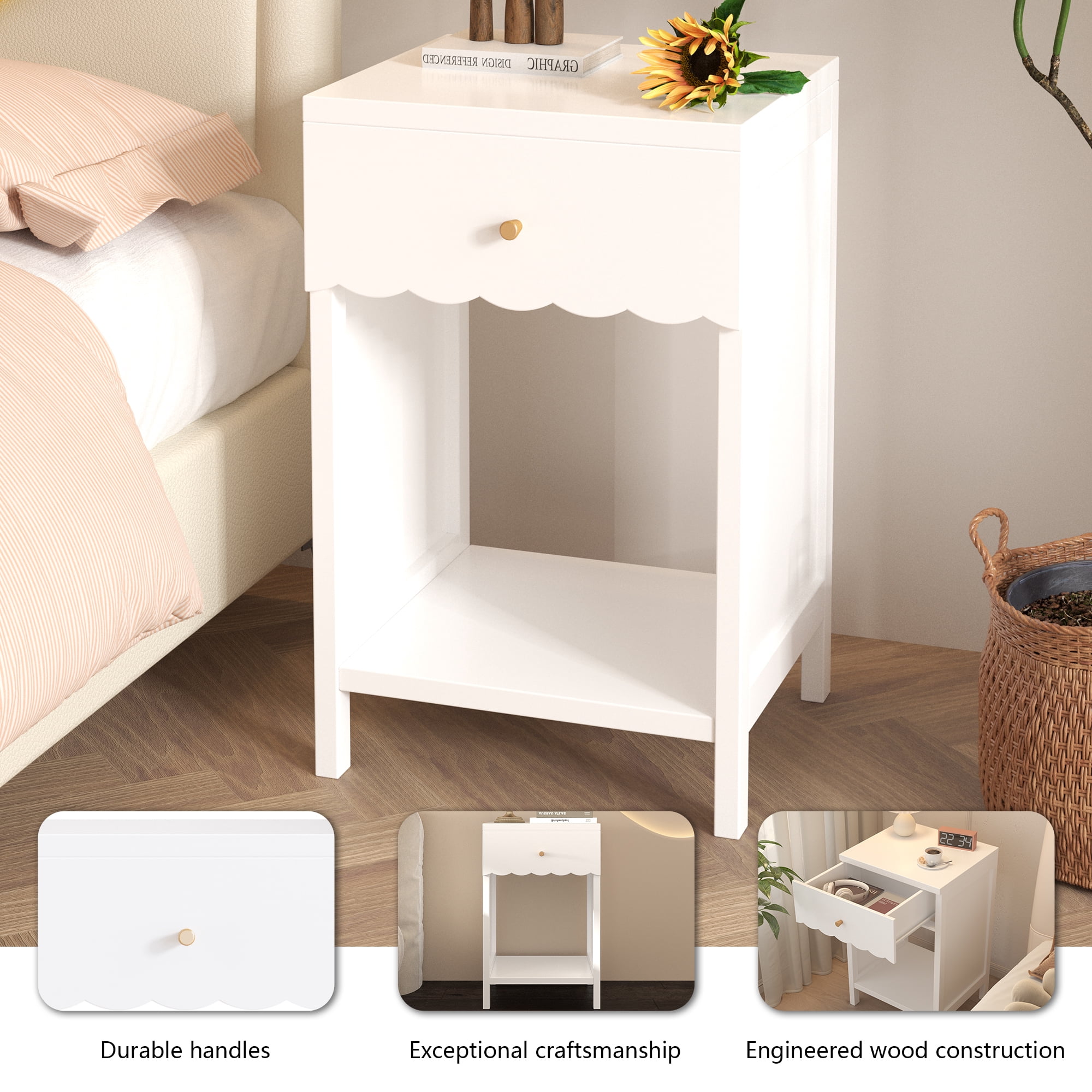Modern White Nightstand with Drawer & Open Shelf, Scalloped Edge Bedside Table, Minimalist Cute Side Table for Bedroom Kids Room Girls Room