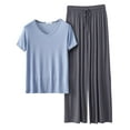 thumbnail image 2 of LIZUOJUN Modal Pajamas for Women V Neck Short Sleeve Long Pants Wide Leg Soft Stretchy Lightweight Sleepwear Loungewear 2 Piece Set Summer Spring - L, 2 of 5