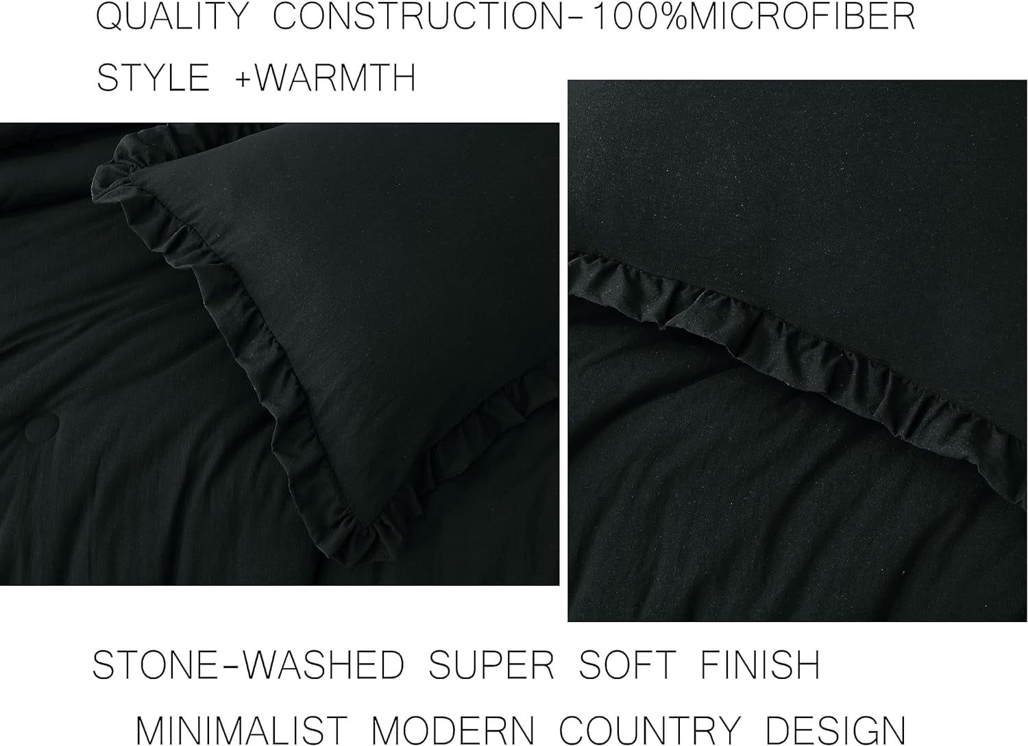 Chezmoi Collection Nora 3-Piece Black Ruffled Edge Trim Microfiber Comforter Set, Oversized King Size