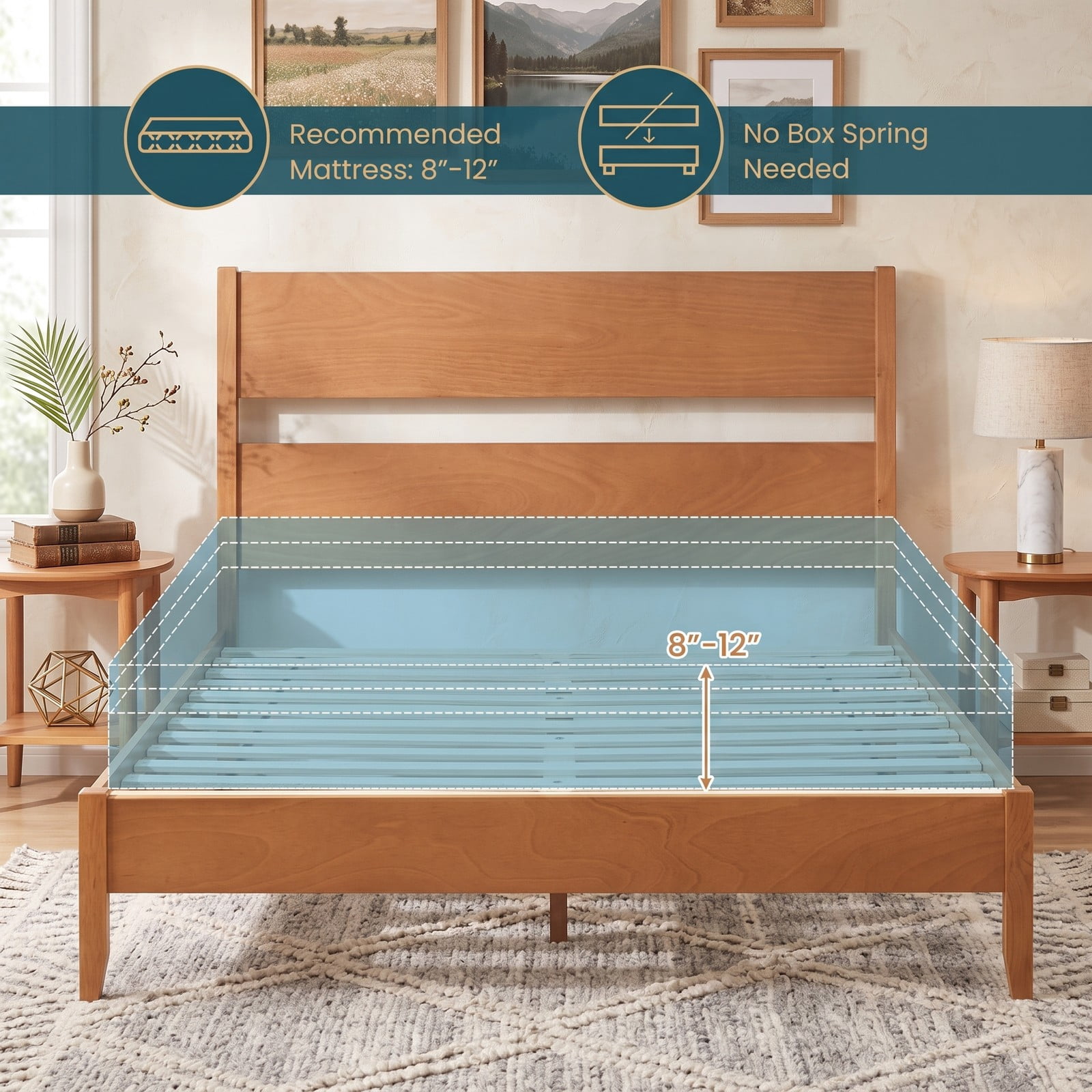 Furnibear Queen Bed Frame, Wood Platform Bed Frame with Headboard, Low Profile Queen Size Bed Frame with 12 Slat Support for Bedroom, Warm Brown
