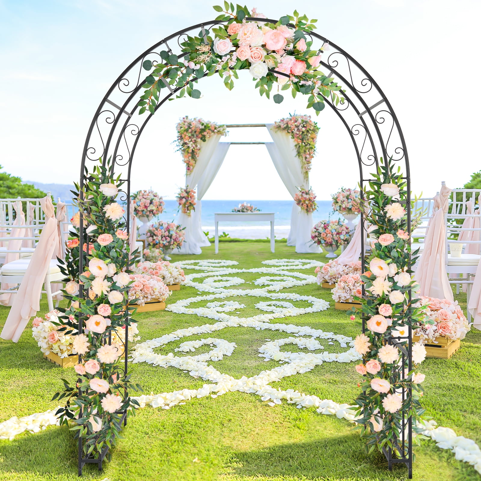 Garden Arch Trellis Double Layer Iron Metal Flower Plant Support for Climbing Roses Vines Cucumbers Outdoor Decor Rustic Wedding Arch Entryway Arbor 83H x 59L x 22W Inches Ground Stakes Included