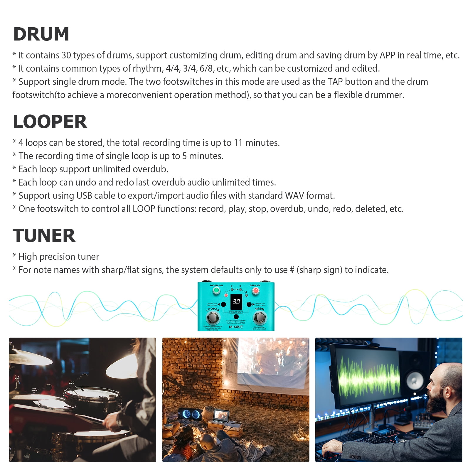 Effect maker,Looper 2-in-1 Looper Drum Looper Loops Precision Tuner Looper Pedal 30 Drums 4 Tempo Pedal Drum 2-in-1 Looper Drum Drums 4 Loops Tuner Adjustable Speed Pedal 30 Drums Rusuo Effec