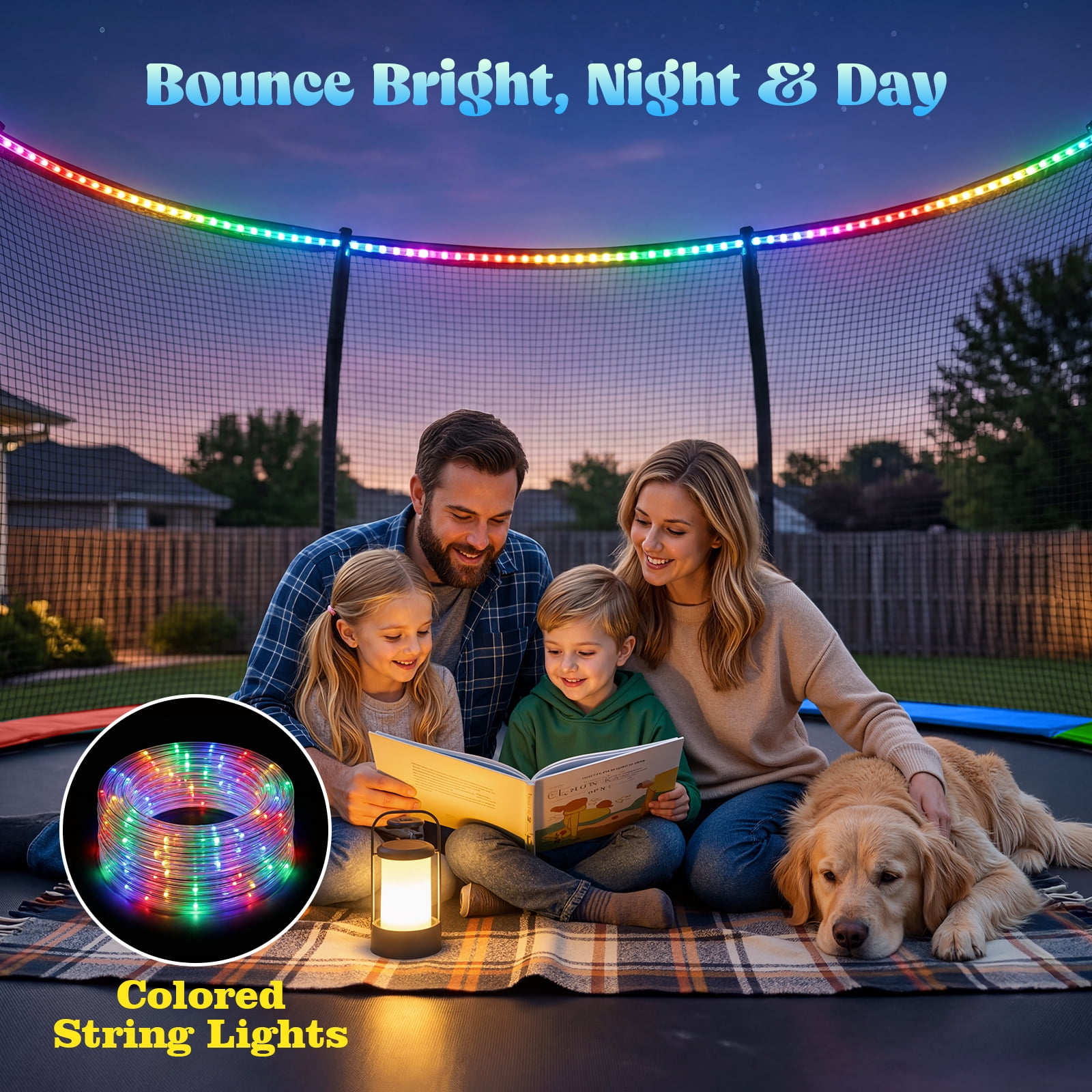 Outdoor Trampoline,Fashionsport Outfitters 8FT Round Jumping Trampoline with Ladder,String light,Sprinkler,Basketball Hoop Board,Recreational Backyard Trampolines Anti-Rust for Kids Gift
