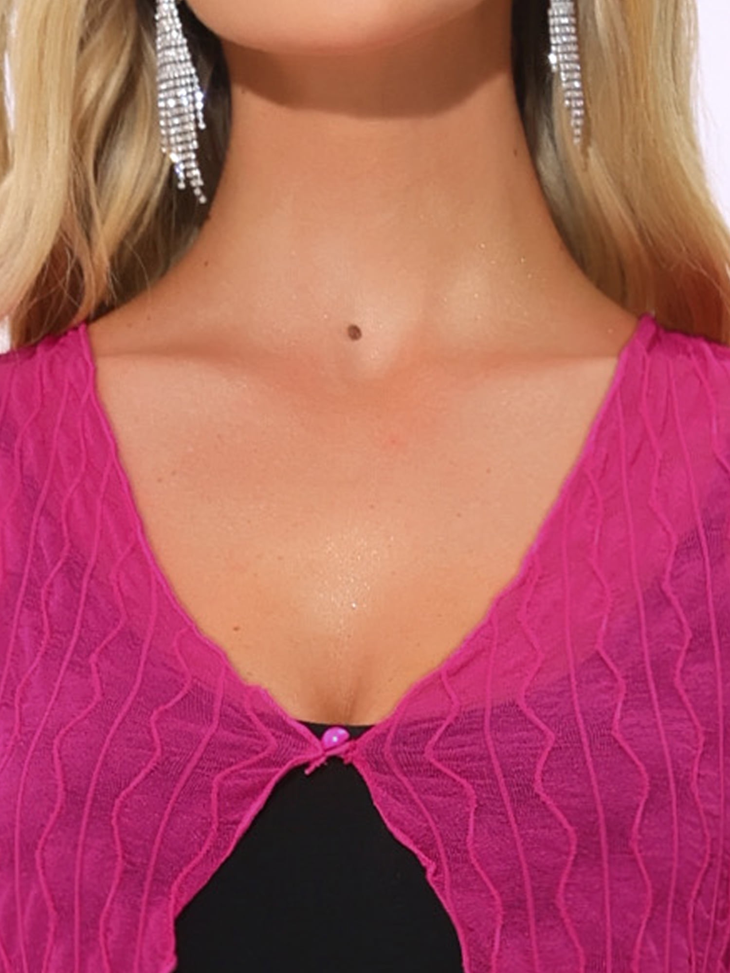 DARING DIVA Women's Bolero Shrug Sheer Mesh Tie Front Textured Crop Shrug L Hot Pink
