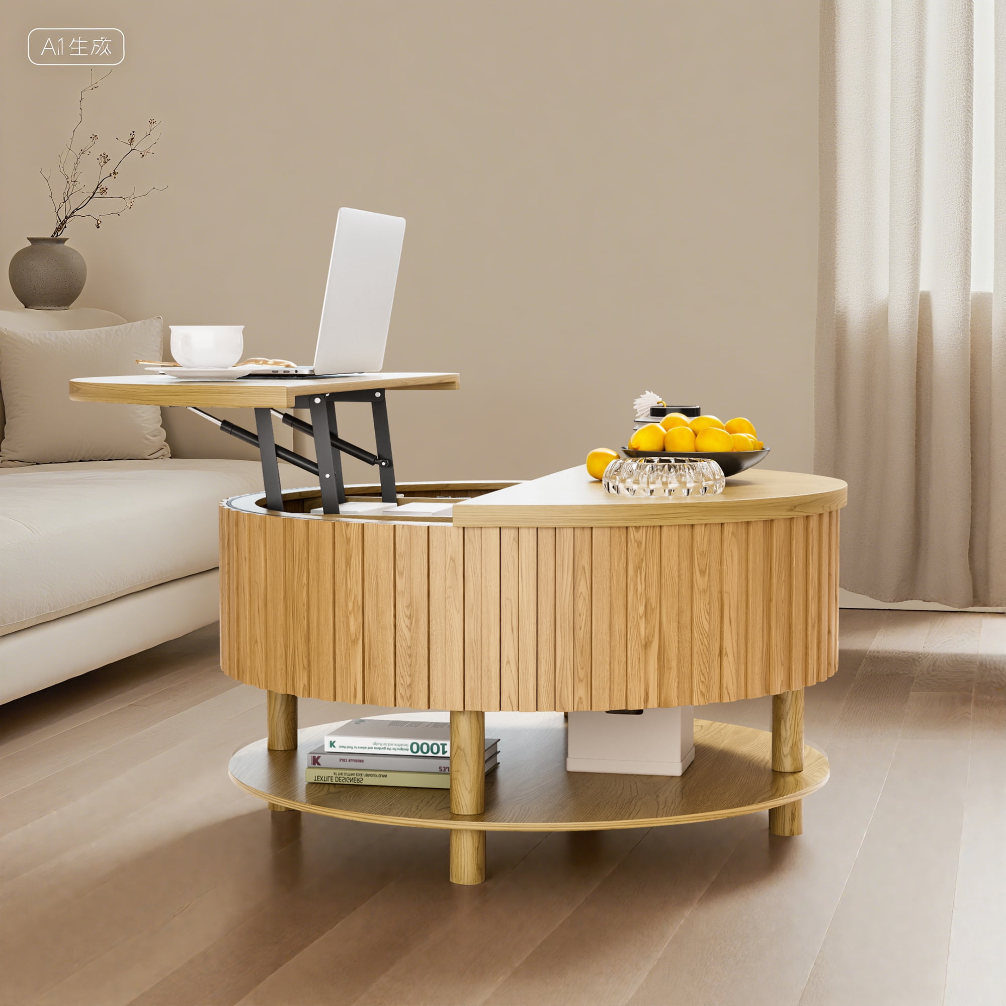 Round Lift Top Coffee Table with Storage, 2-Tier Center Table with Hidden Compartment, Circle Coffee Table with Open Shelf for Living Room, Wood Color