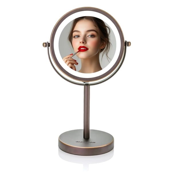 Ovente MLT60ABZ1X7X - Espejo de tocador iluminado de 6 pulgadas, 1 LED de aumento 7X, 360 grados, ajustable, doble cara, giratorio, soporte de maquillaje personal, escritorio, baño, funcion
