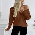 thumbnail image 3 of Women's Scoop V Neck Sweaters Solid Color Long Sleeve Lightweight Knitted Pullovers Casual Loose Fit Outfits Clothes, 3 of 4