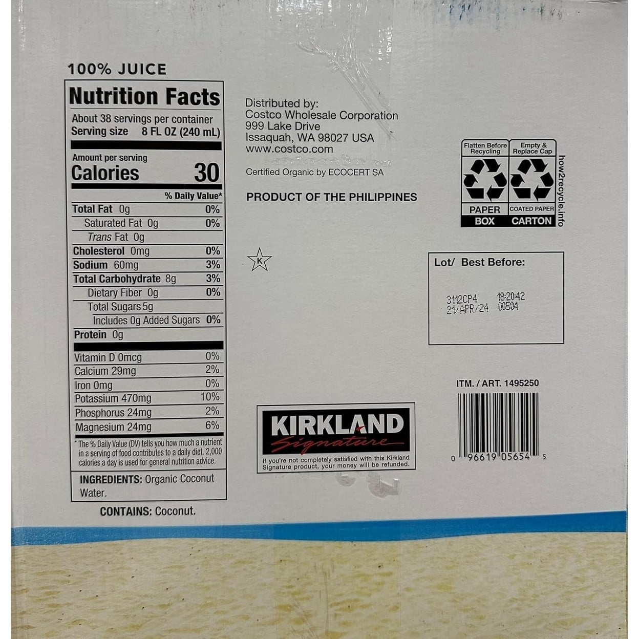 Kirkland Signature Organic Coconut Water 33.8 Fluid Ounce (Pack of 9)