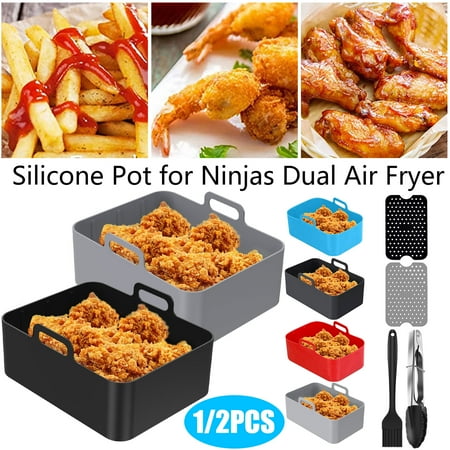 

Gpoty 4Pcs Silicone Air Fryer Pot Air Fryer Basket Heat Resistant W/ Accessories 8QT Double basket Air fryer Food Grade Reusable Silicone Air Fryer Liner with 2pcs silicone liner mat Gray
