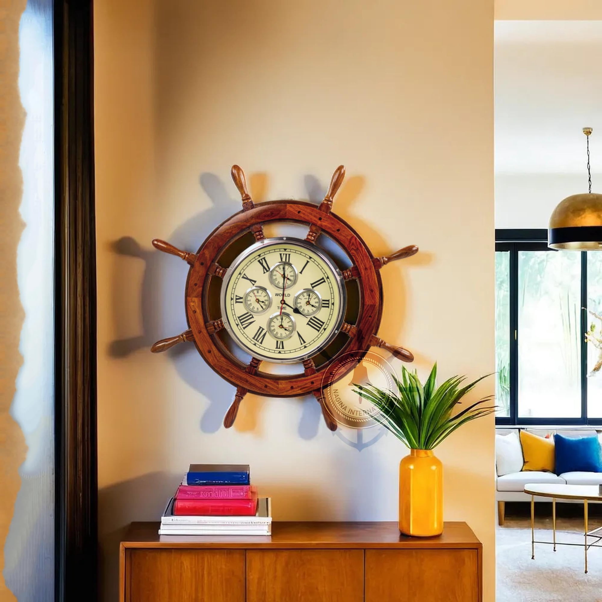 Nautical Ships Wheel Wall Clock in Rosewood Finish | 30 Inch Decorative