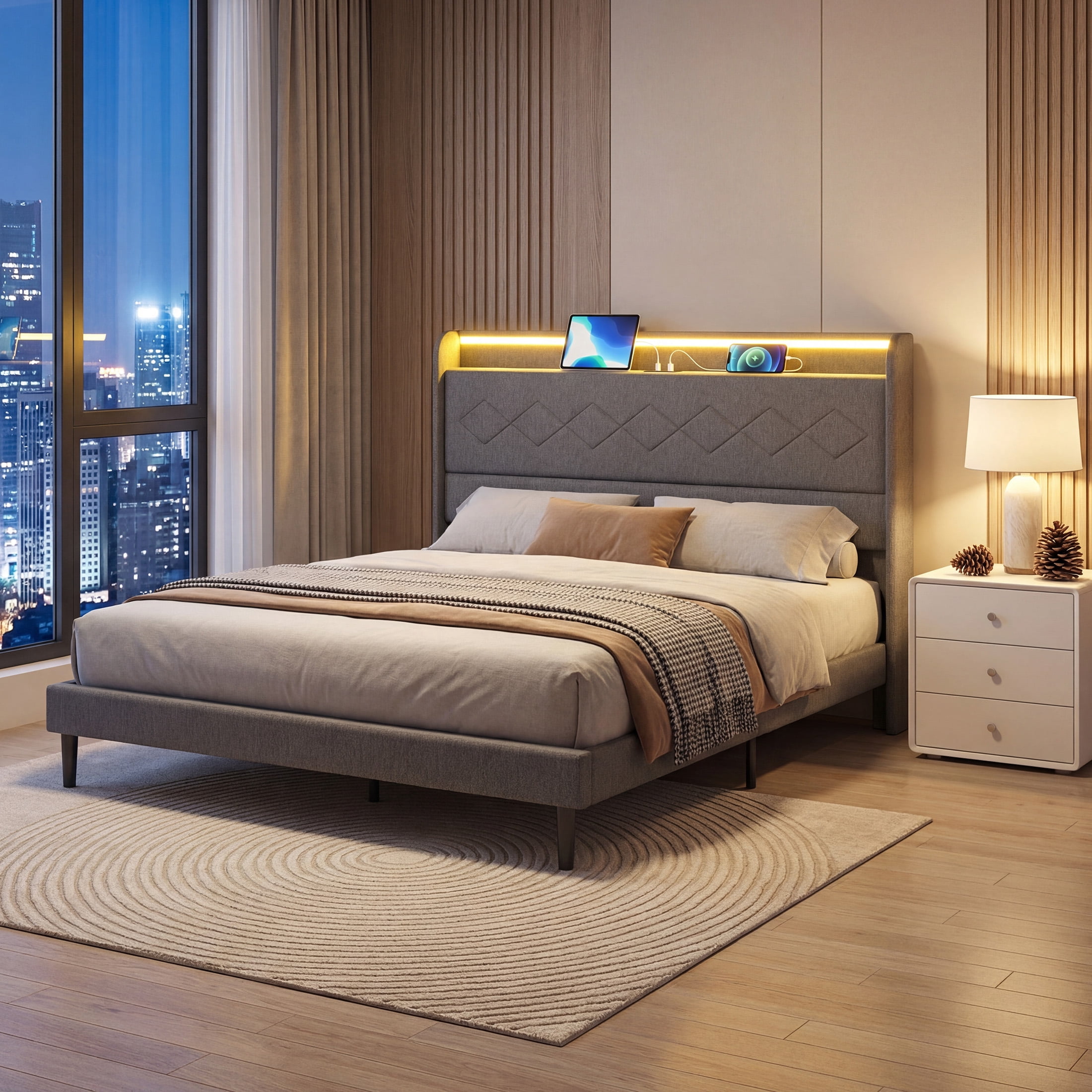 edx Upholstered King Bed Frame with Height-Adjustable Headboard, 3 USB Charging Ports, LED Light Strip & Bluetooth Controller, Gray