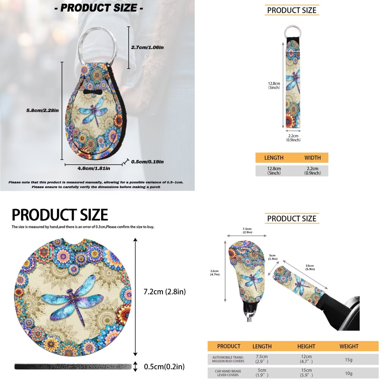 Uorisanigo 18 Pcs Car Seat Cover Dragonfly Mandala with Seat Belt Shoulder Pad Full Set Universal Steering Cover Armrest Covers Headrest Cushion Handbrake Grip Protector Coasters Keychains