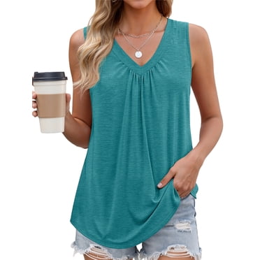 MOSHU V Neck Tank Tops for Women Flowy Pleated Sleeveless Shirts Loose Fit Women Tops Dressy Curved Hem Summer Tops