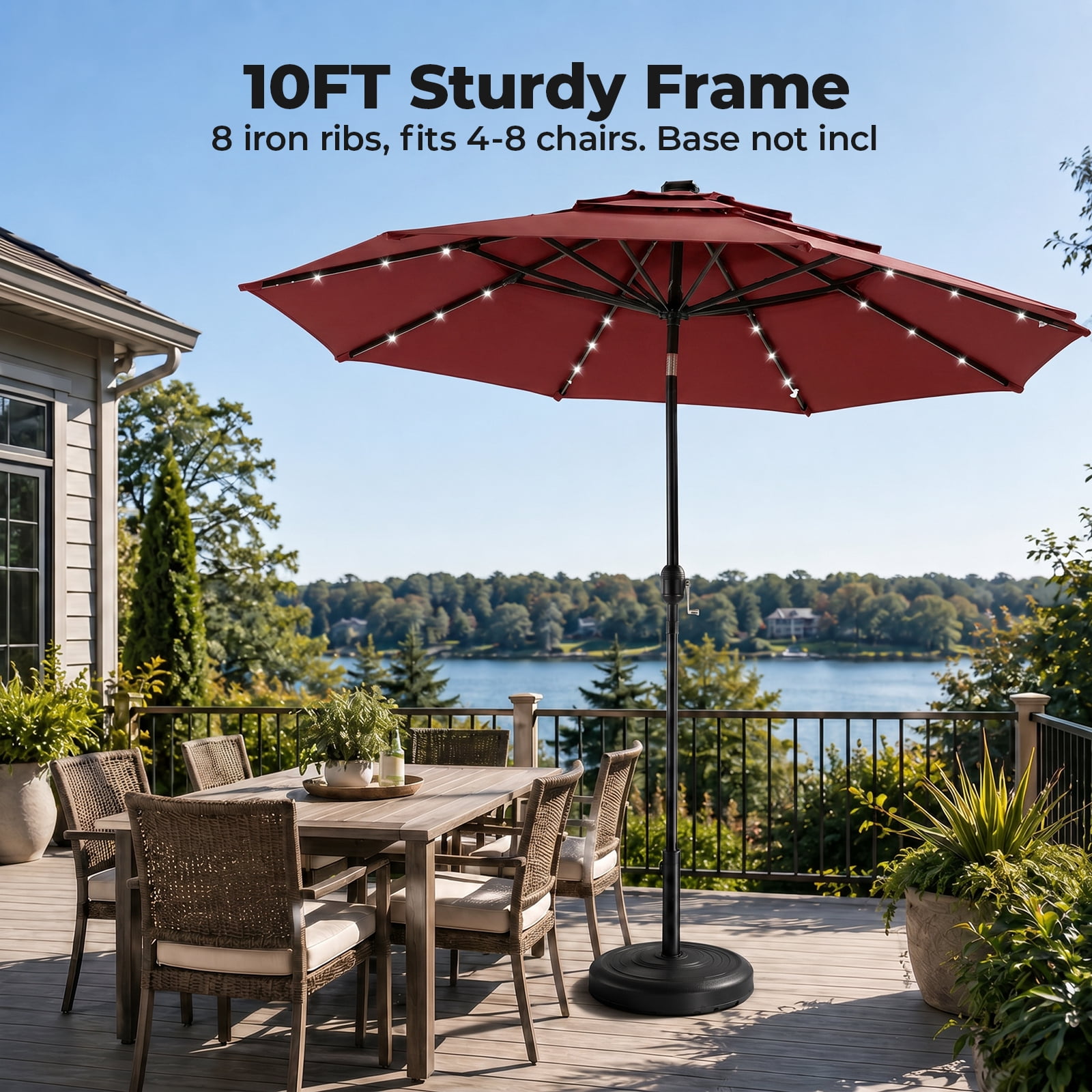 Alvantor 10Ft Solar Patio Umbrella with 32 LED Lights, 3-Tier Vented Outdoor Table Umbrella with Push Button Tilt and Crank, UPF 50+ UV Protection