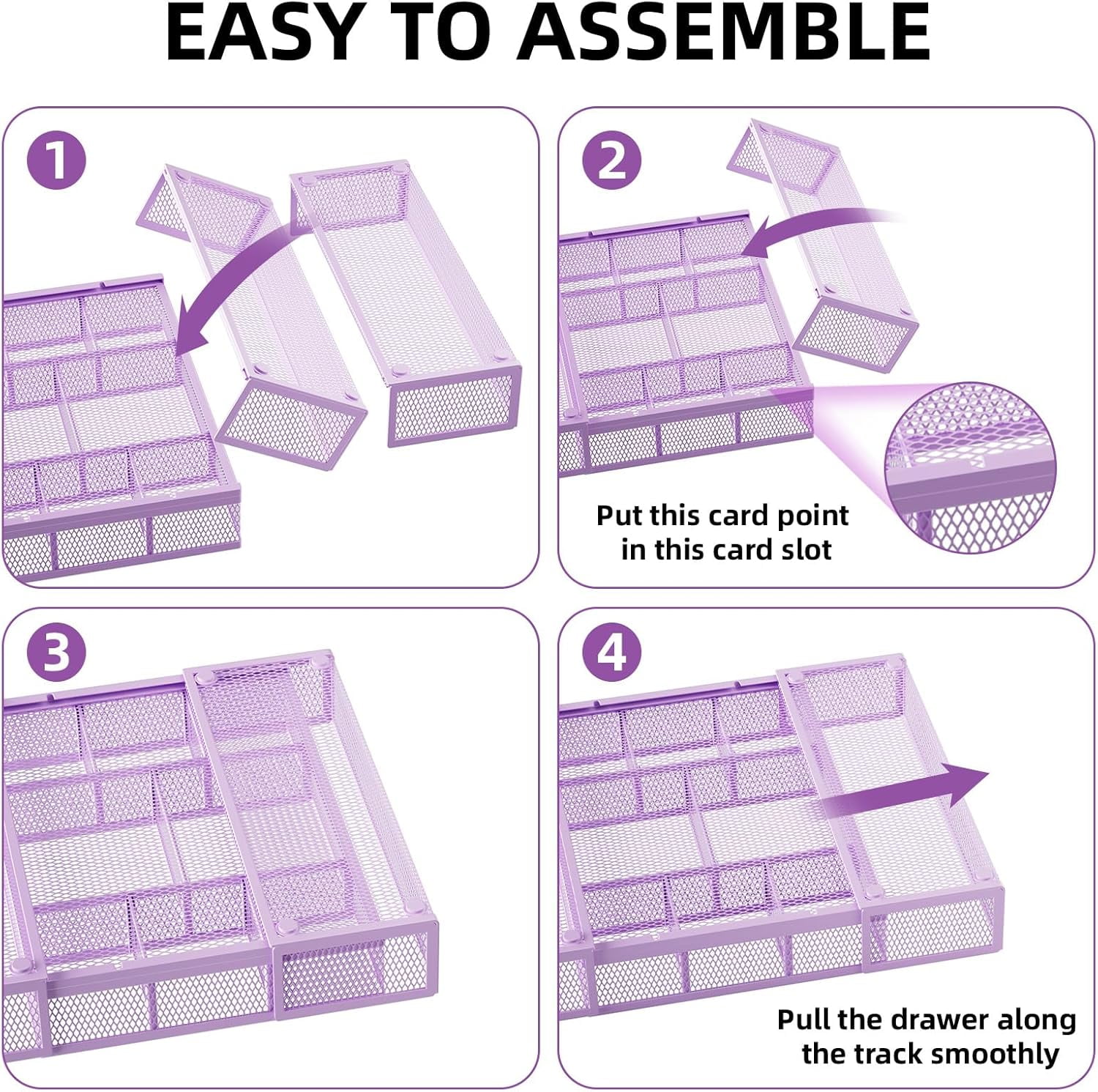Expandable Desk Drawer Organizer, Mesh Drawer Organizer Tray with 10 Adjustable Compartments, Desk Organizers and Accessories for Office Supplies, Makeup & Vanity (Expandable-Purple 2 pack)