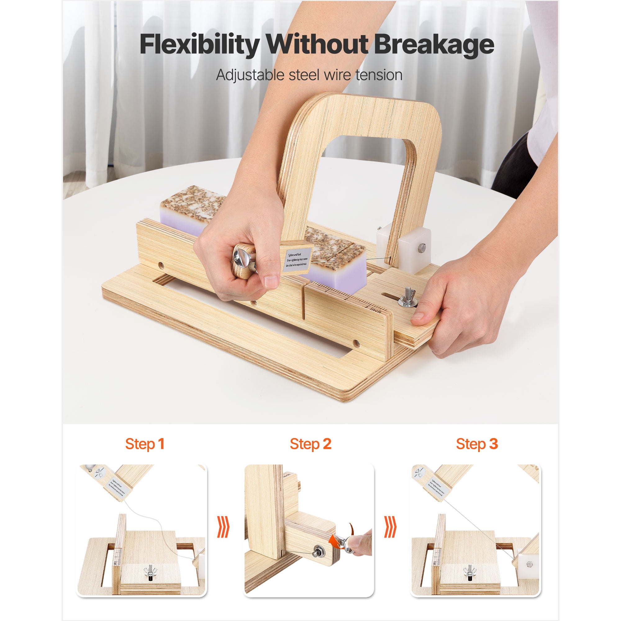 KFFKFF Adjustable Soap Cutter, 0-2 Inch Thickness, Wooden Soap Slicer with Stainless Steel Wire Tension, Includes Extra Wires, Multi-Purpose Tool for Handmade Soaps and DIY Projects
