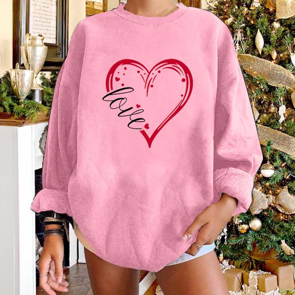 EQWLJWE Women Love Heart Sweatshirt Happy Valentine's Day Shirts Graphic Long Sleeve Crewneck Pullover Tops