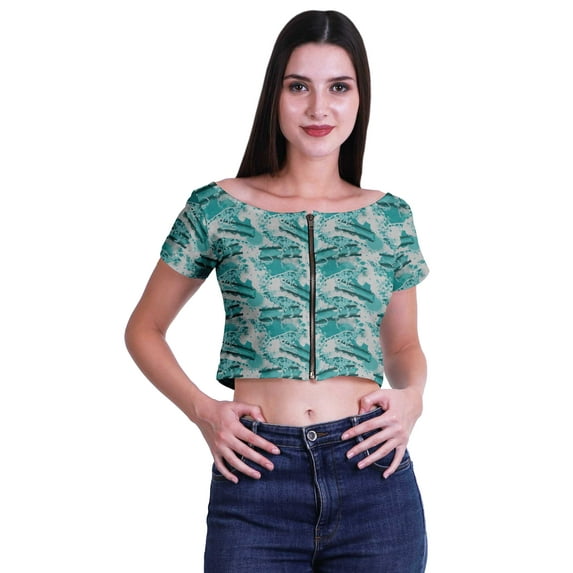 Moomaya Boat Neck Zipper Top Short Sleeve Viscose Jersey Crop Tops For Women